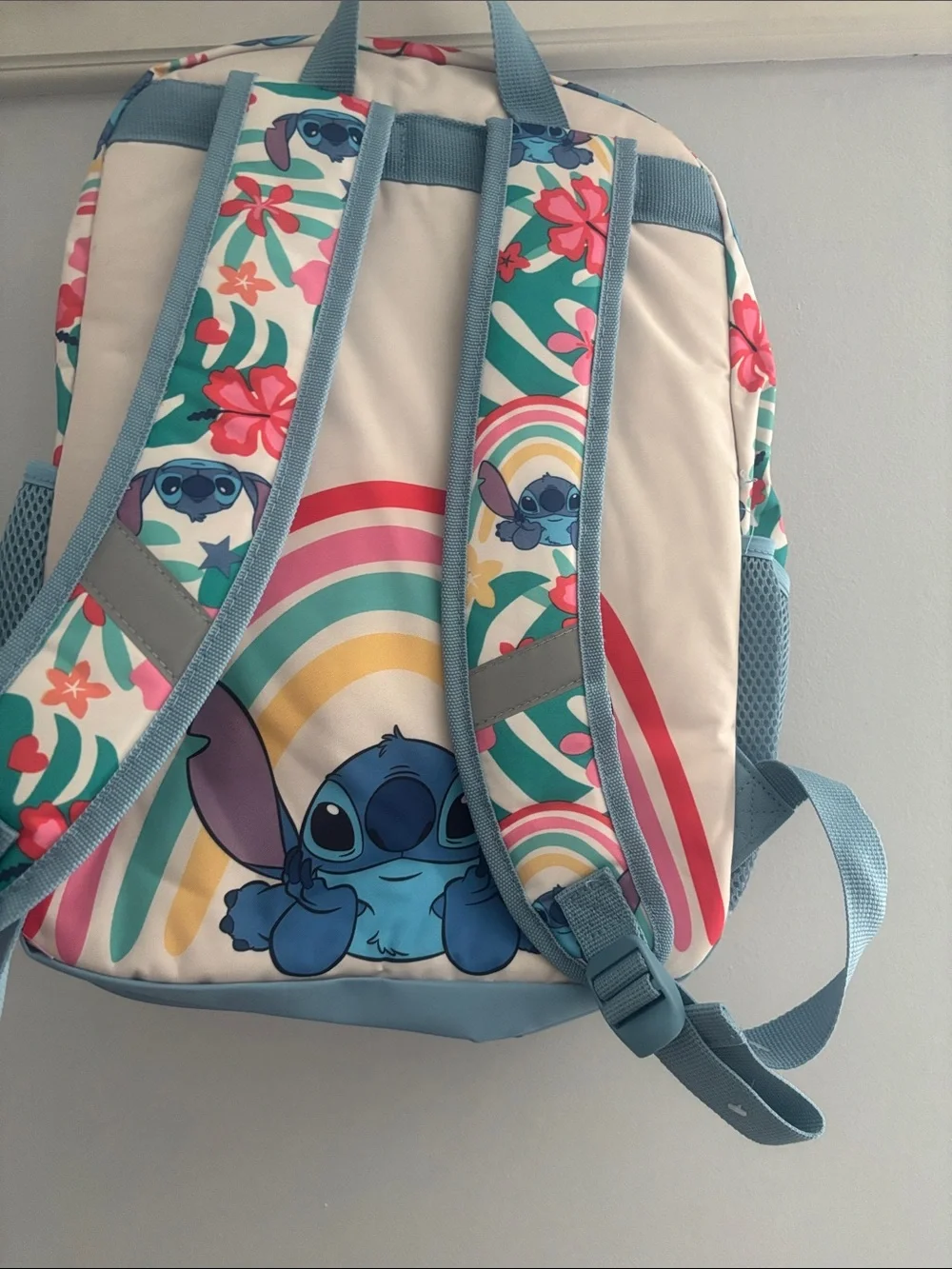 Disney Light Blue Stitch Kids Backpack with Floral Print